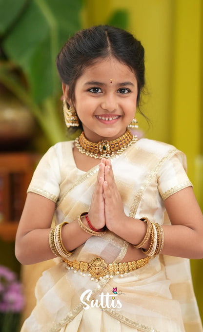 Kumaari Kids Half Saree - Off white and Gold - Kids-Suttis