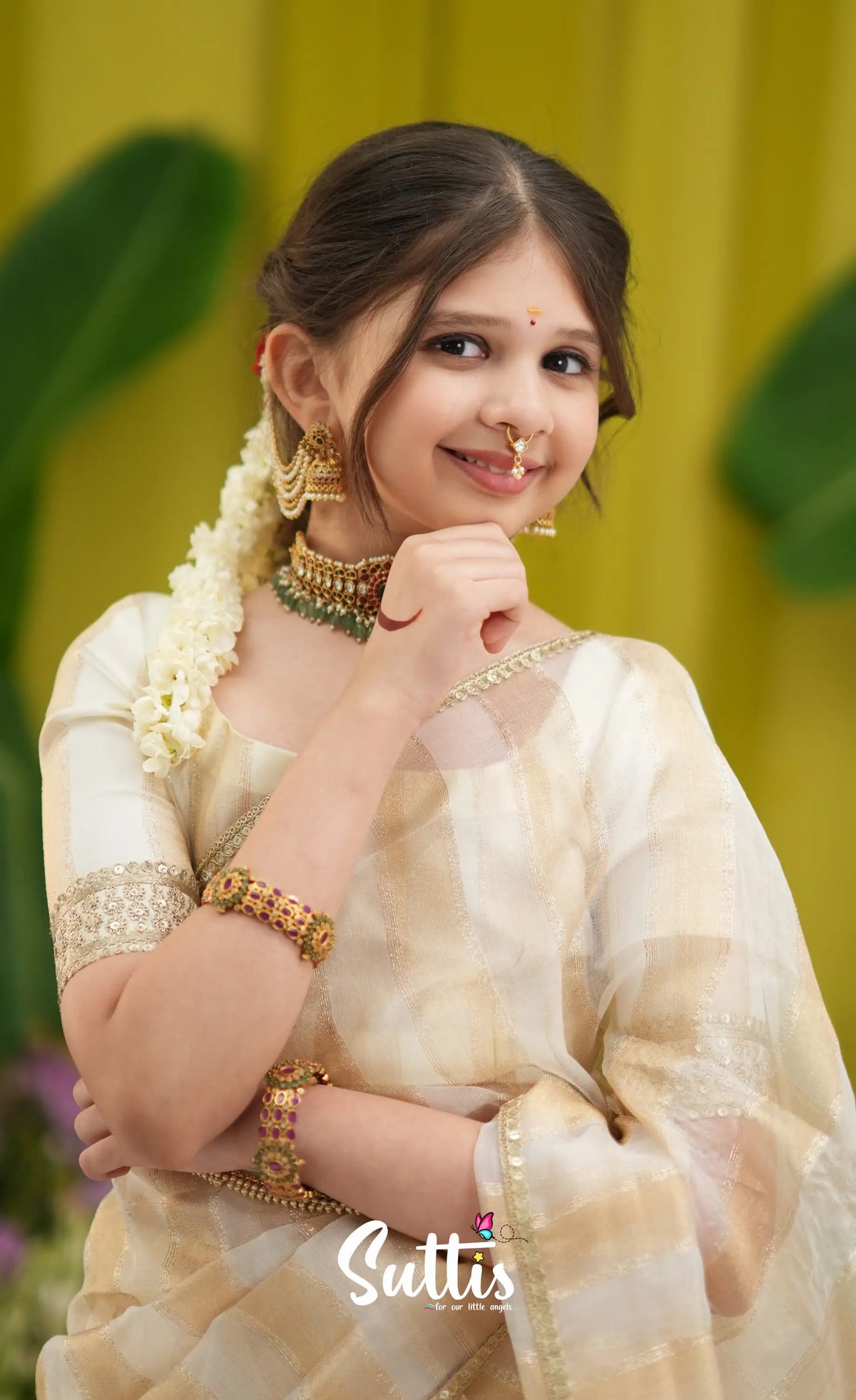 Kumaari Kids Half Saree - Off white and Gold - Kids-Suttis
