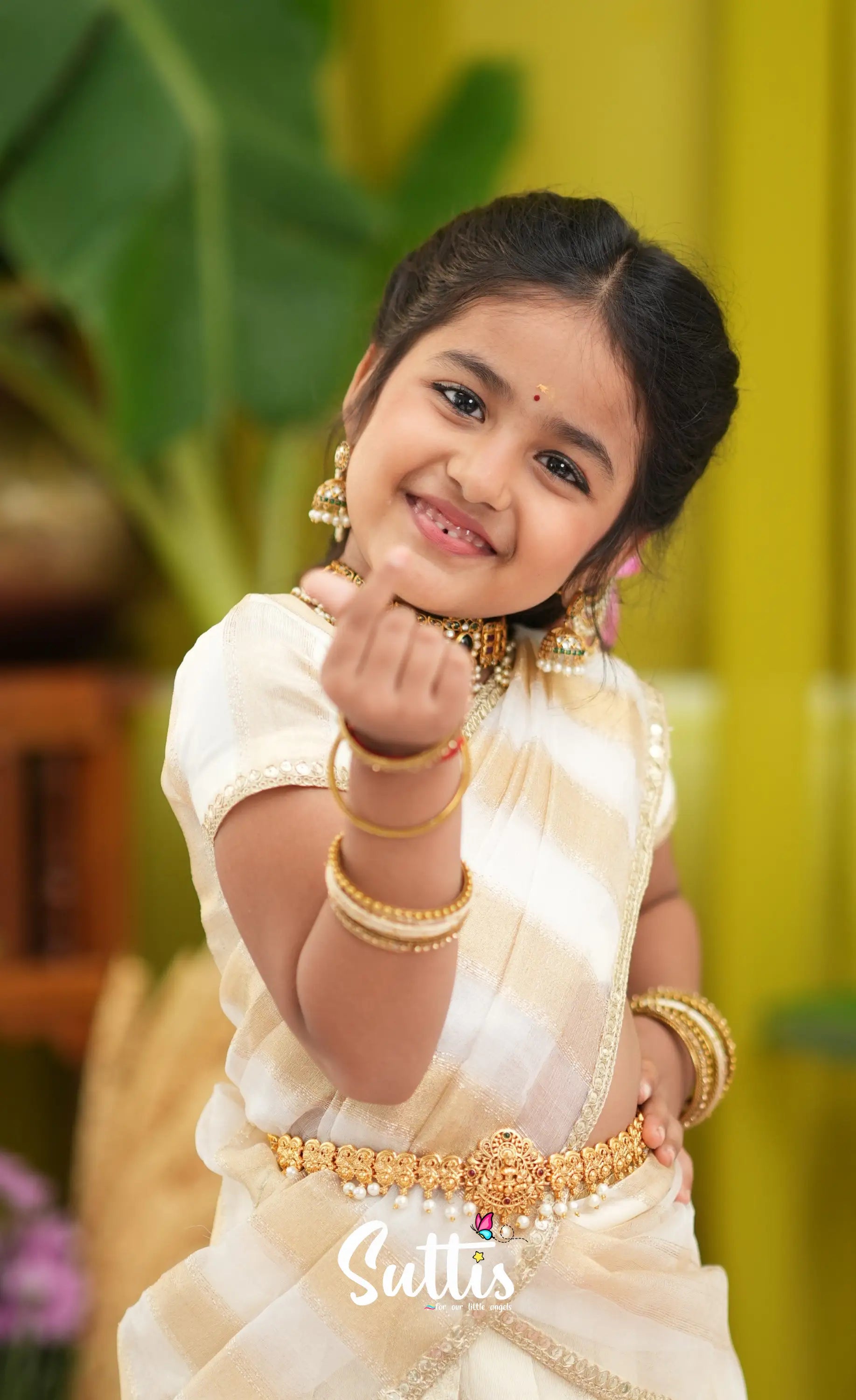 Kumaari Kids Half Saree - Off white and Gold - Kids-Suttis