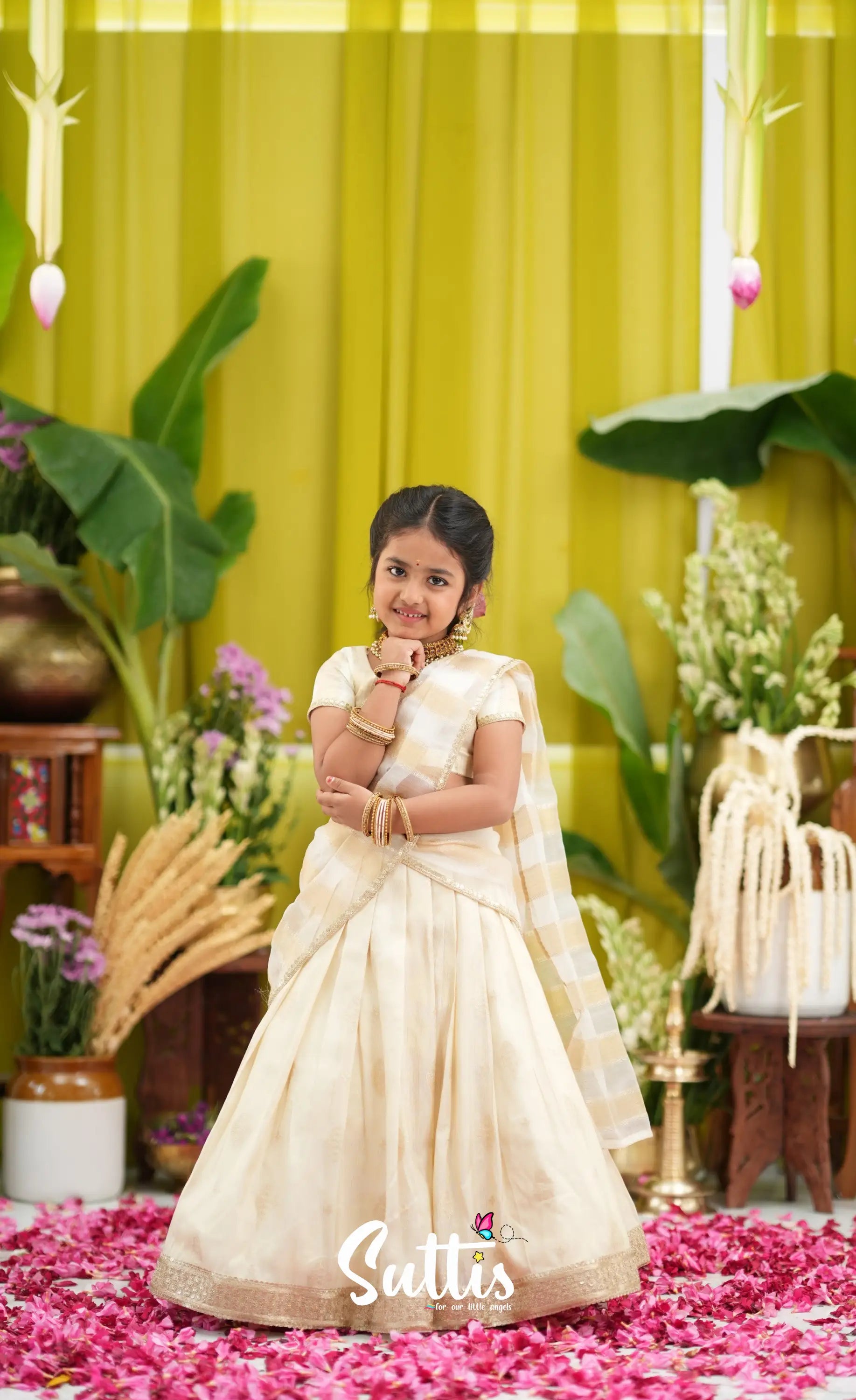 Kumaari Kids Half Saree - Off white and Gold - Kids-Suttis
