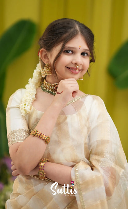 Kumaari Kids Half Saree - Off white and Gold - Kids-Suttis