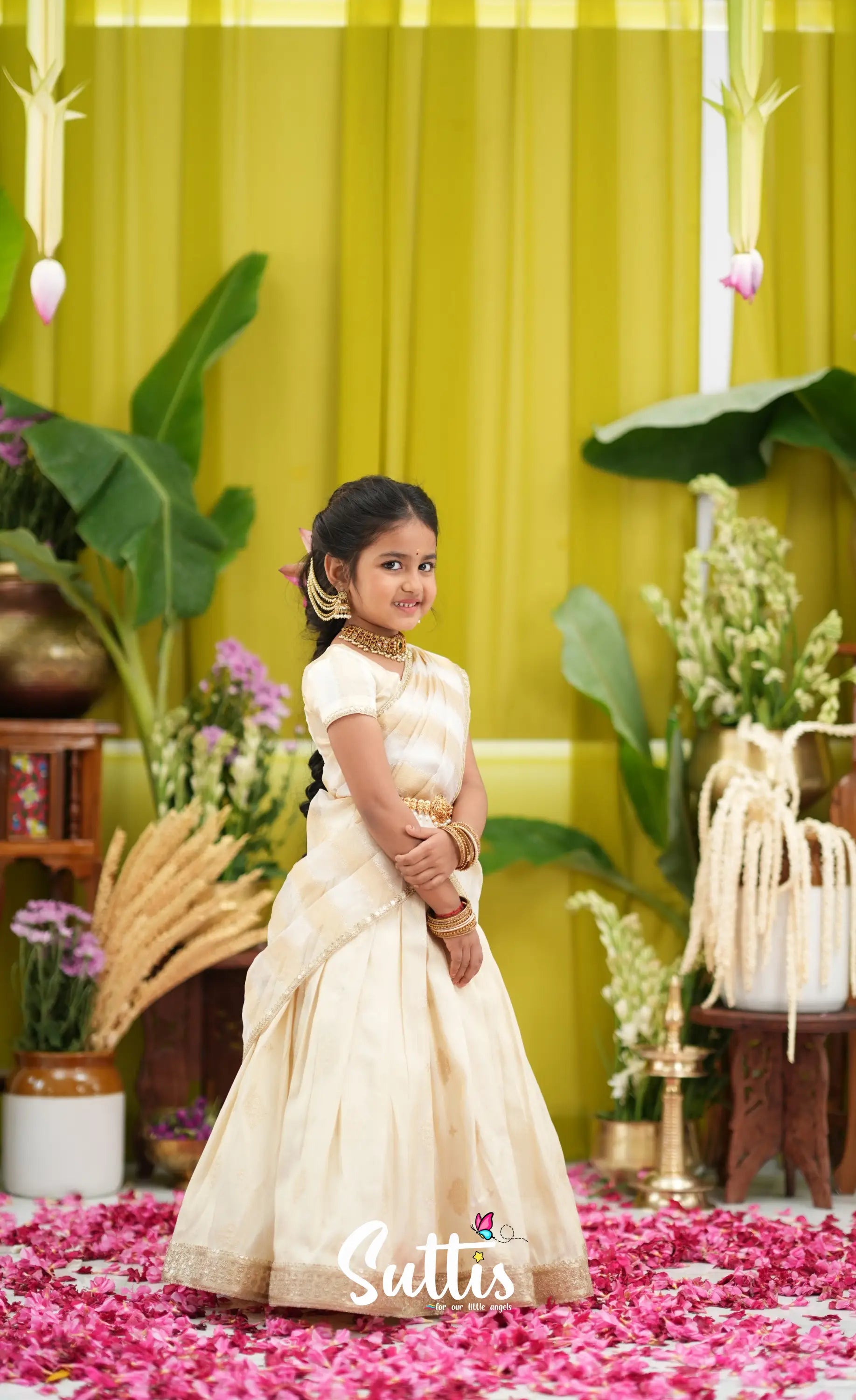 Kumaari Kids Half Saree - Off white and Gold - Kids-Suttis
