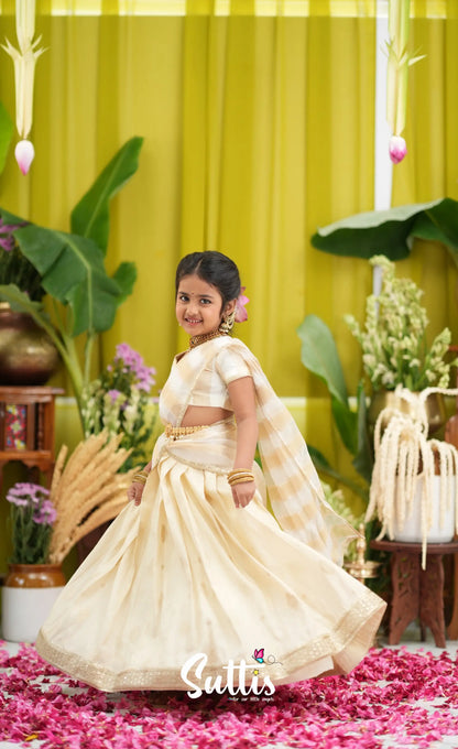 Kumaari Kids Half Saree - Off white and Gold - Kids-Suttis
