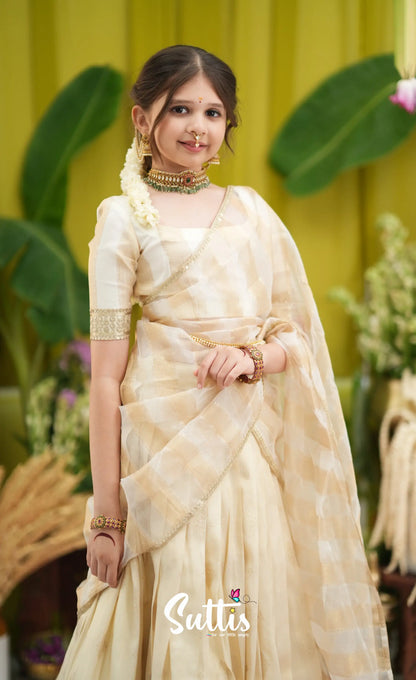 Kumaari Kids Half Saree - Off white and Gold - Kids-Suttis