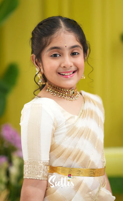 Kumaari Kids Half Saree - Off white and Gold - Kids-Suttis