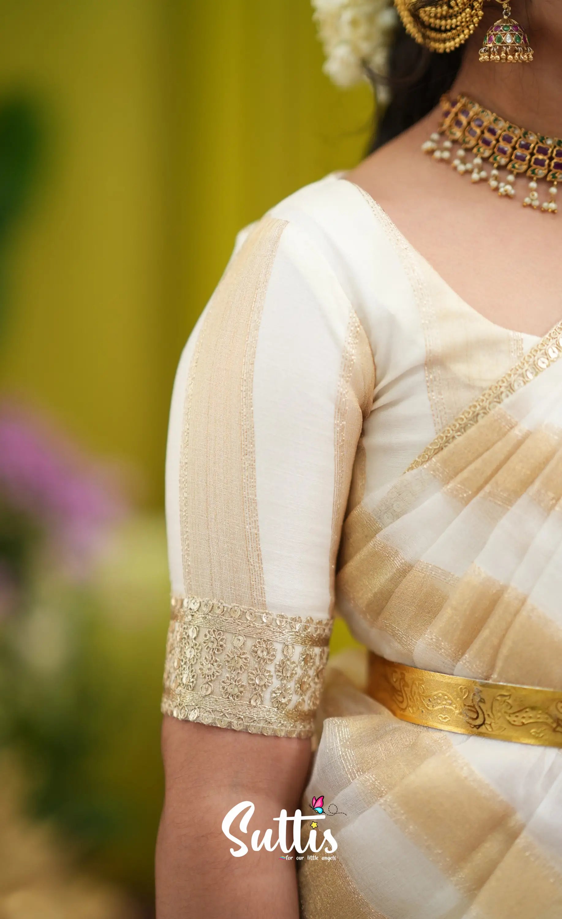 Kumaari Kids Half Saree - Off white and Gold - Kids-Suttis