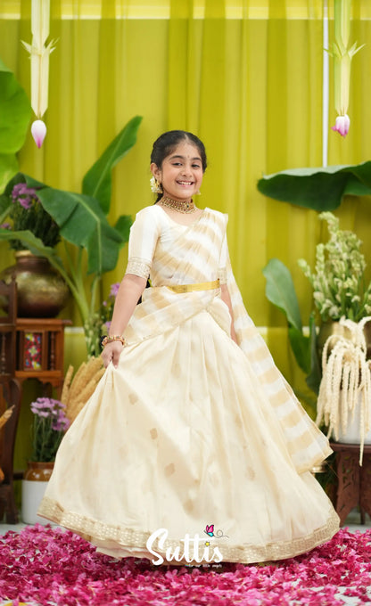 Kumaari Kids Half Saree - Off white and Gold - Kids-Suttis
