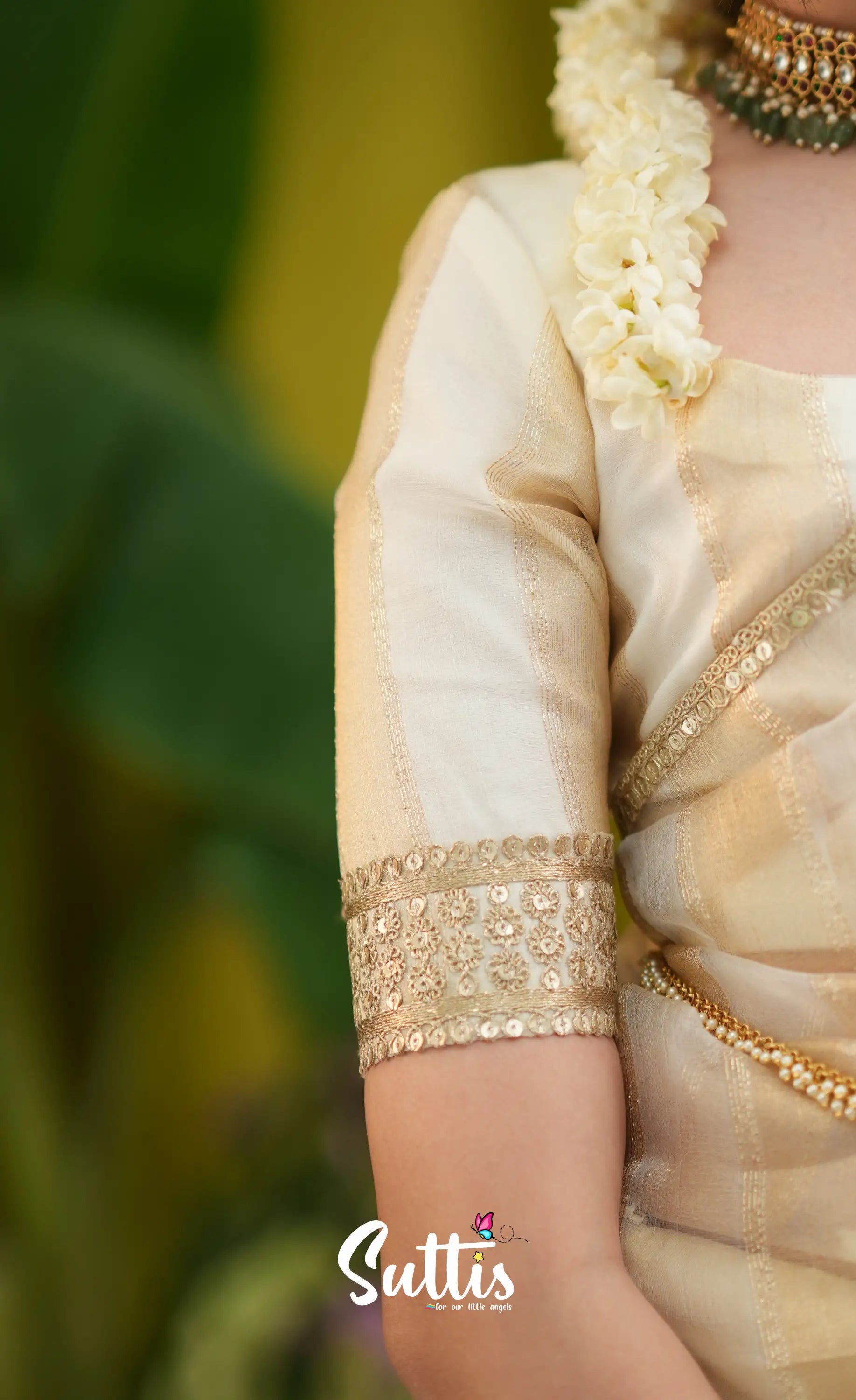 Kumaari Kids Half Saree - Off white and Gold - Kids-Suttis