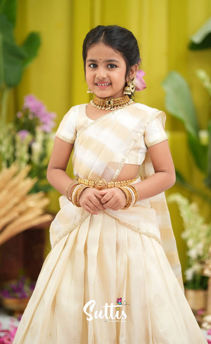 Kumaari Kids Half Saree - Off white and Gold - Kids-Suttis