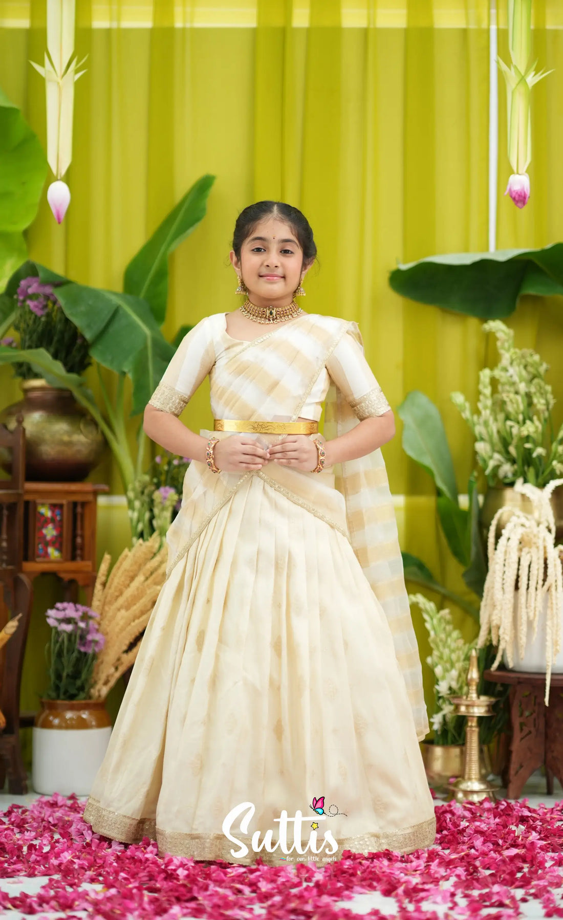Kumaari Kids Half Saree - Off white and Gold - Kids-Suttis