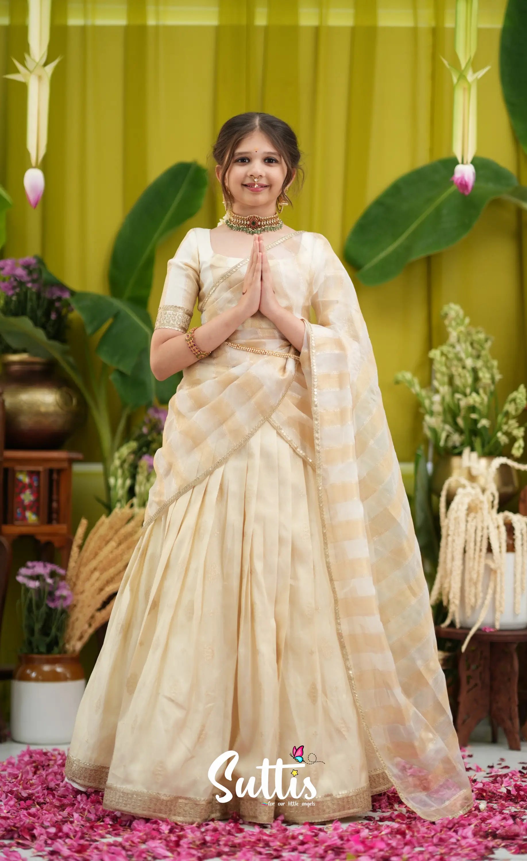 Kumaari Kids Half Saree - Off white and Gold - Kids-Suttis