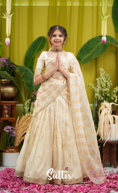 Kumaari Kids Half Saree - Off white and Gold - Kids-Suttis