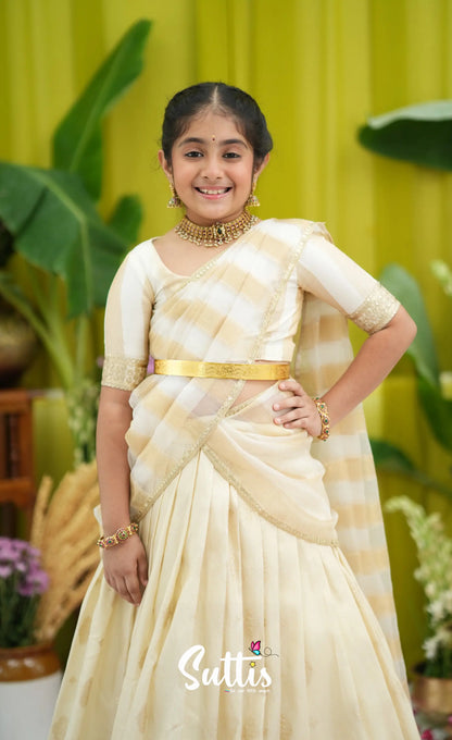 Kumaari Kids Half Saree - Off white and Gold - Kids-Suttis