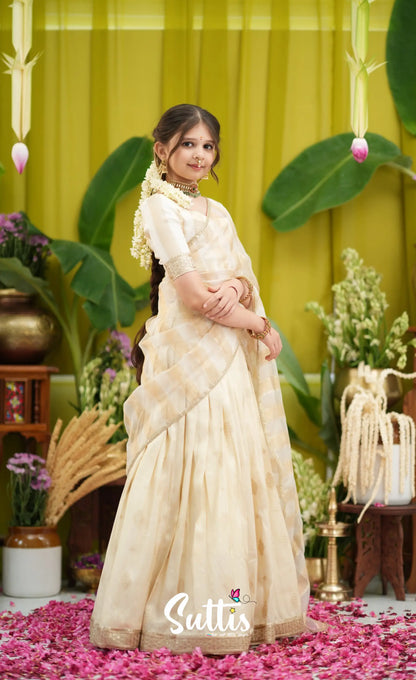 Kumaari Kids Half Saree - Off white and Gold - Kids-Suttis