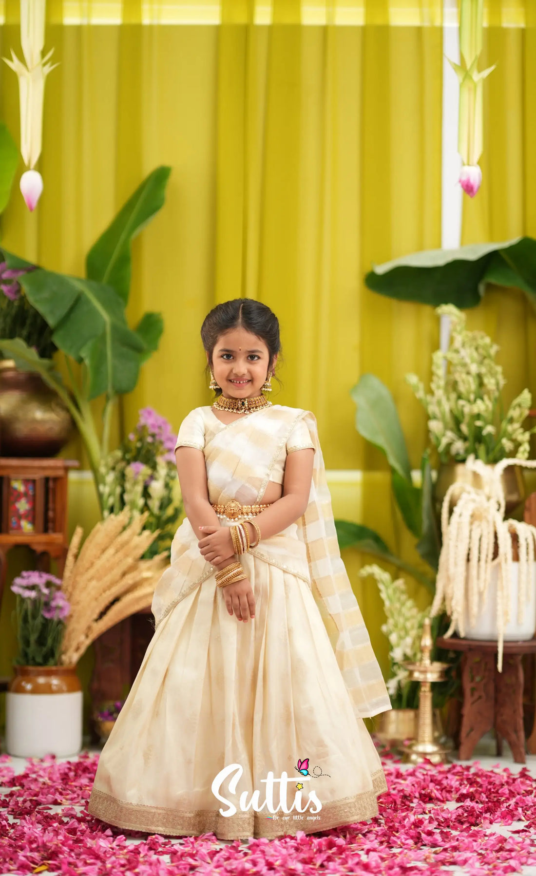 Kumaari Kids Half Saree - Off white and Gold - Kids-Suttis