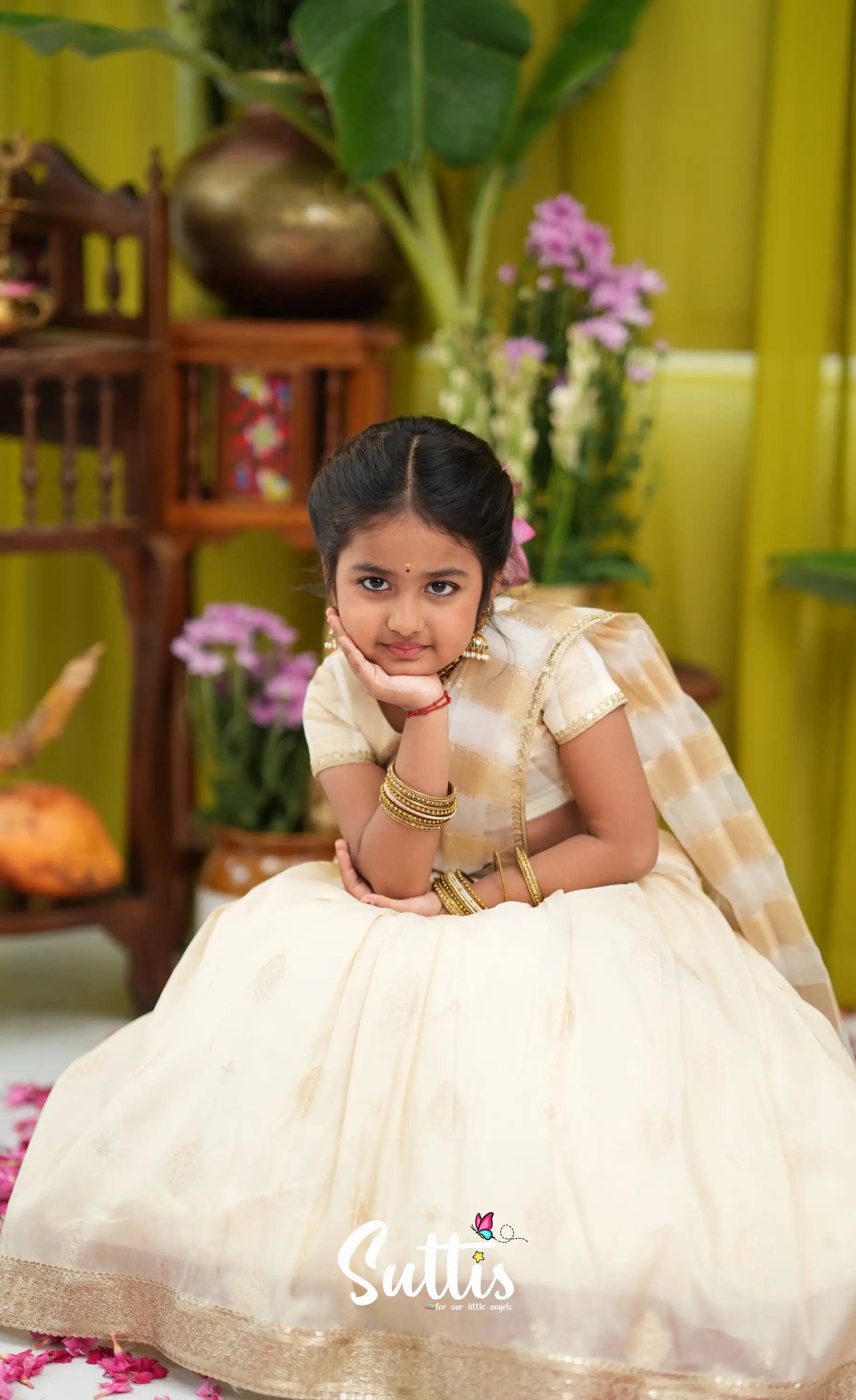 Kumaari Kids Half Saree - Off white and Gold - Kids-Suttis