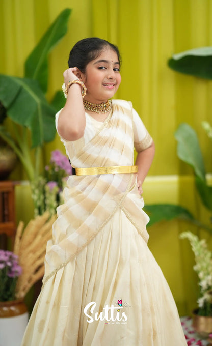 Kumaari Kids Half Saree - Off white and Gold - Kids-Suttis