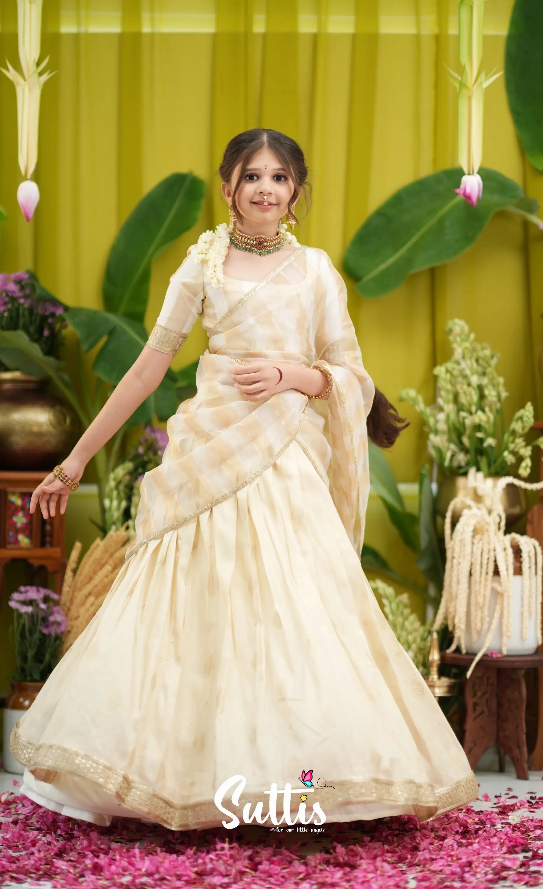 Kumaari Kids Half Saree - Off white and Gold - Kids-Suttis