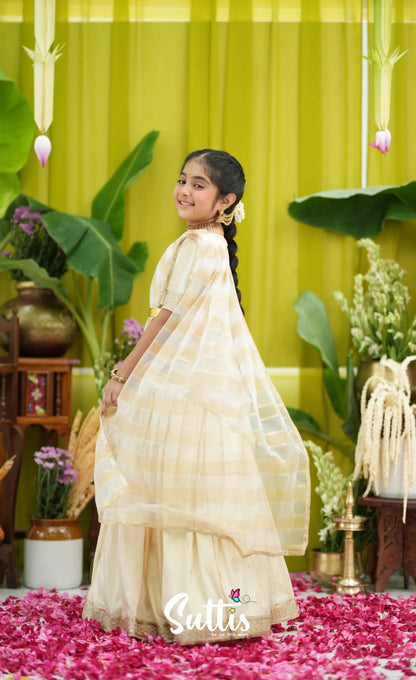 Kumaari Kids Half Saree - Off white and Gold - Kids-Suttis