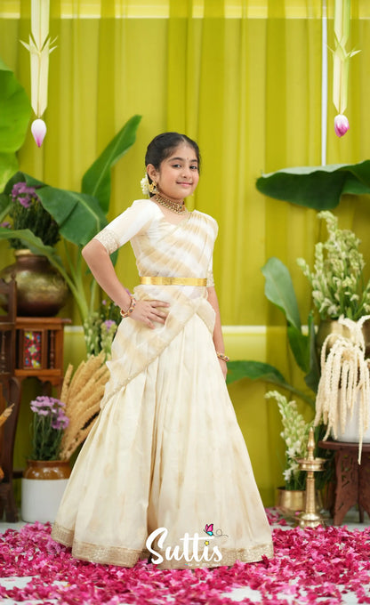 Kumaari Kids Half Saree - Off white and Gold - Kids-Suttis