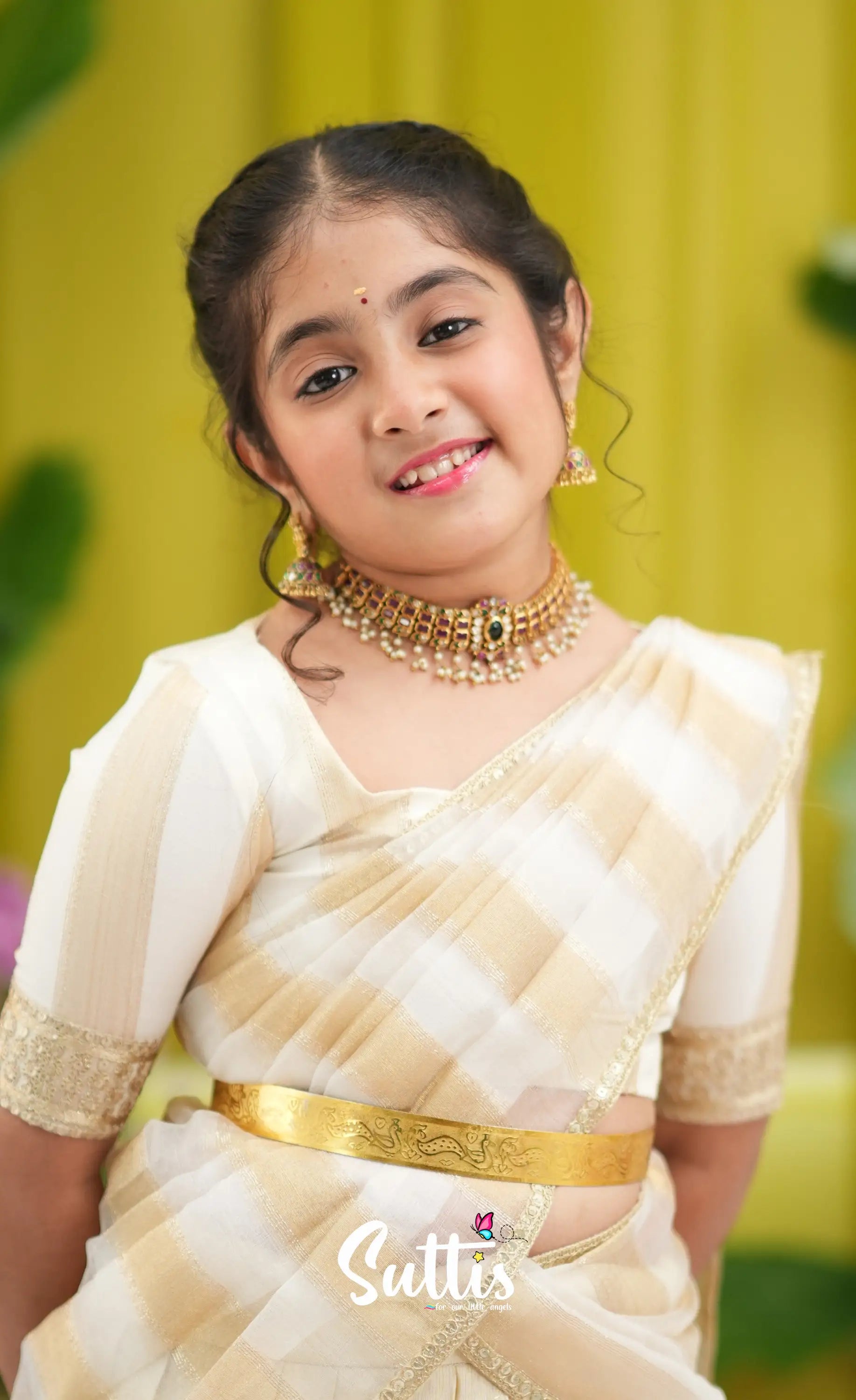 Kumaari Kids Half Saree - Off white and Gold - Kids-Suttis