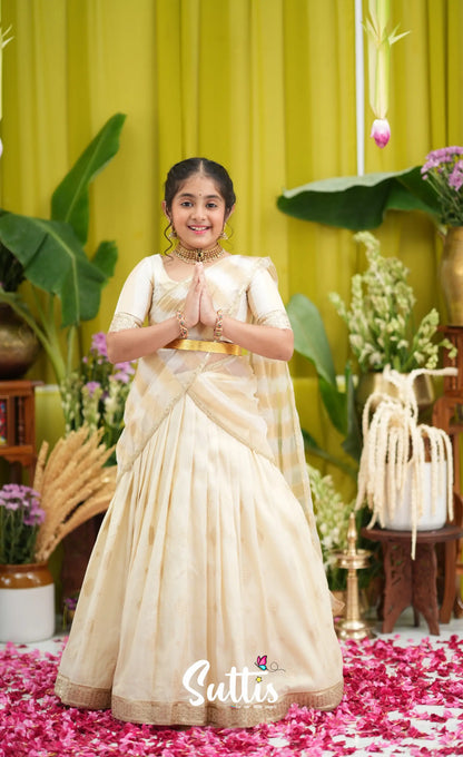 Kumaari Kids Half Saree - Off white and Gold - Kids-Suttis