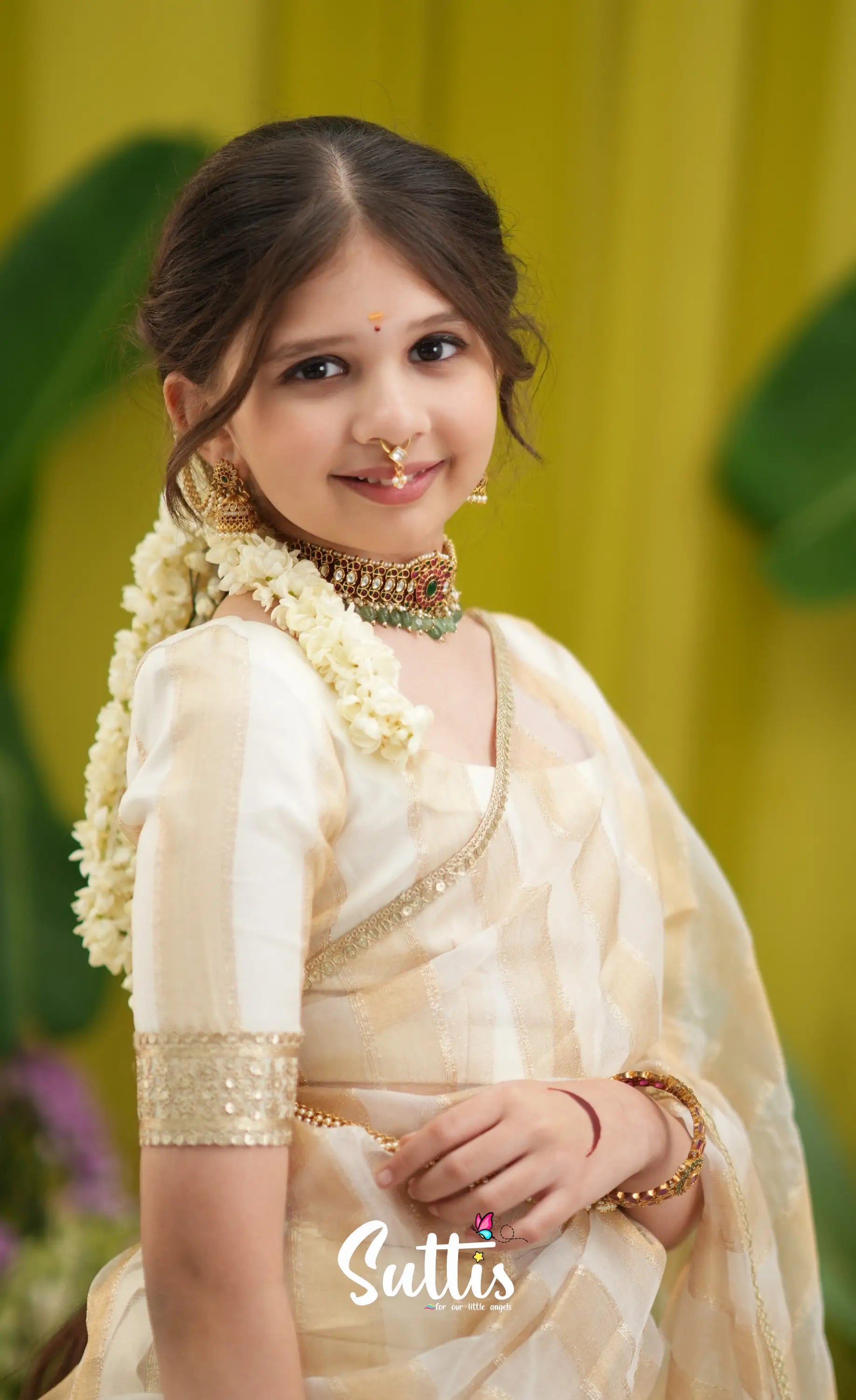 Kumaari Kids Half Saree - Off white and Gold - Kids-Suttis
