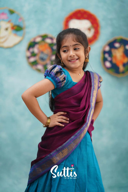 Kumaari - Light Blue And Magenta Pink Cotton Halfsaree Kids-Suttis