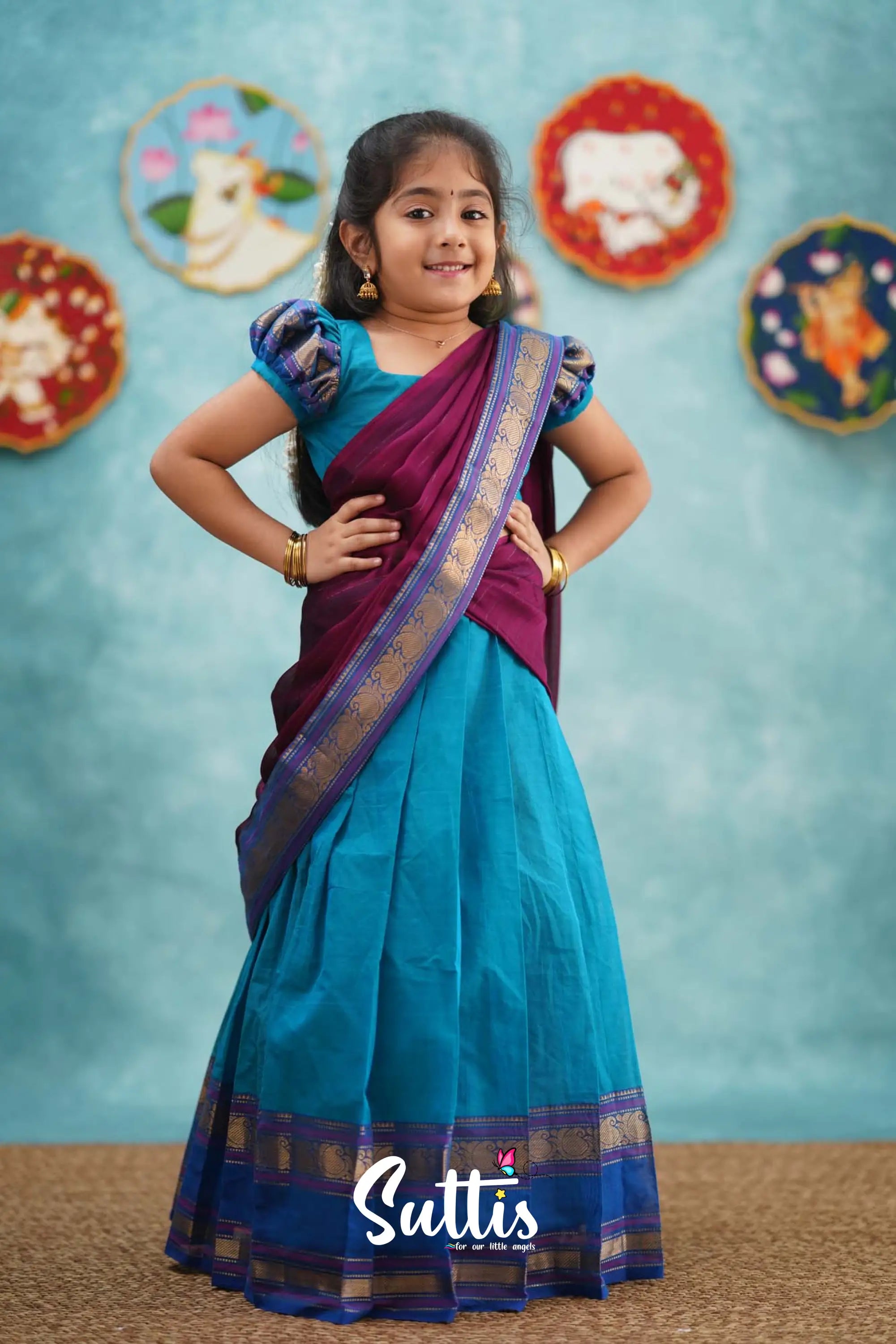 Kumaari - Light Blue And Magenta Pink Cotton Halfsaree Kids-Suttis