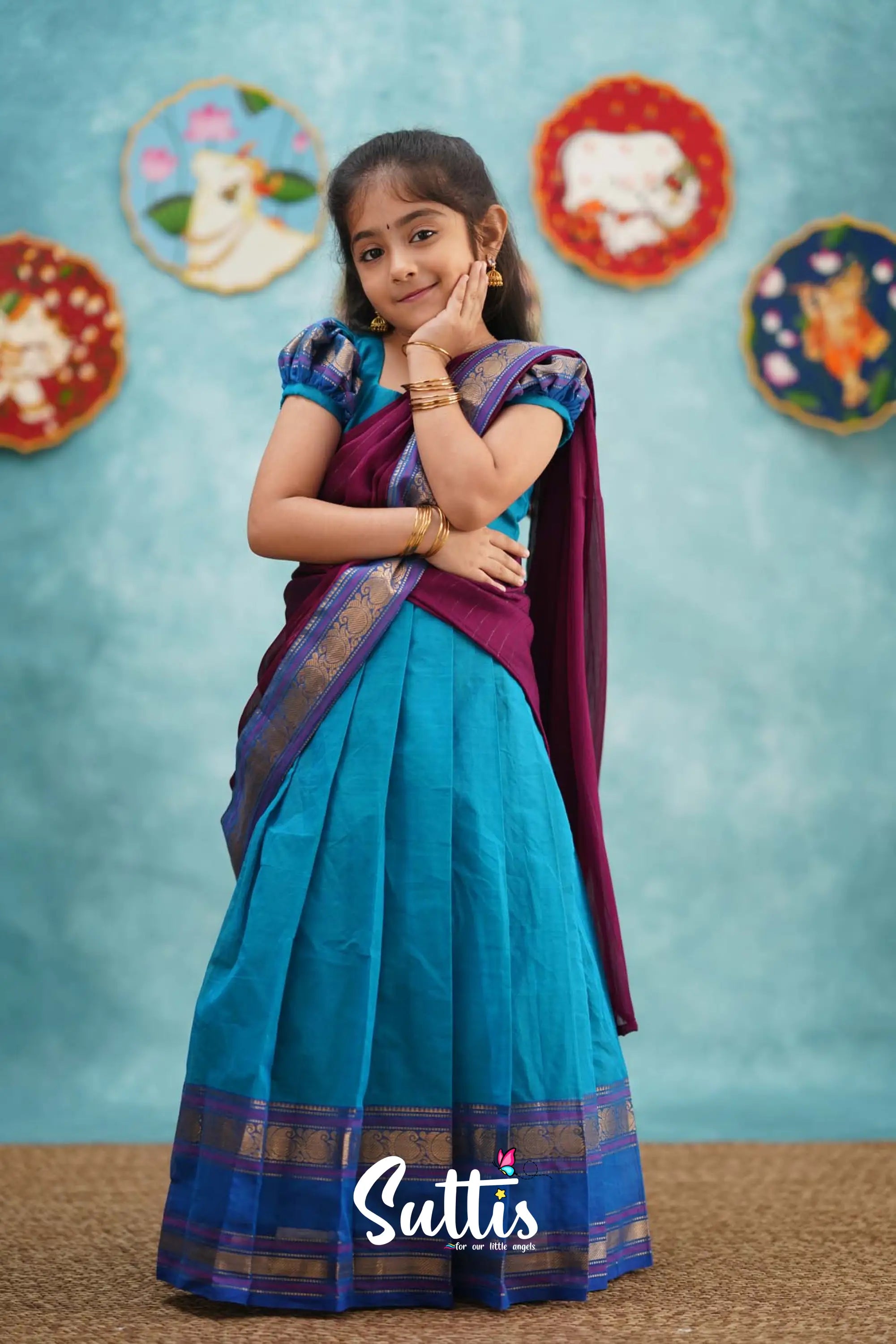 Kumaari - Light Blue And Magenta Pink Cotton Halfsaree Kids-Suttis