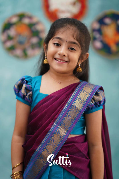 Kumaari - Light Blue And Magenta Pink Cotton Halfsaree Kids-Suttis