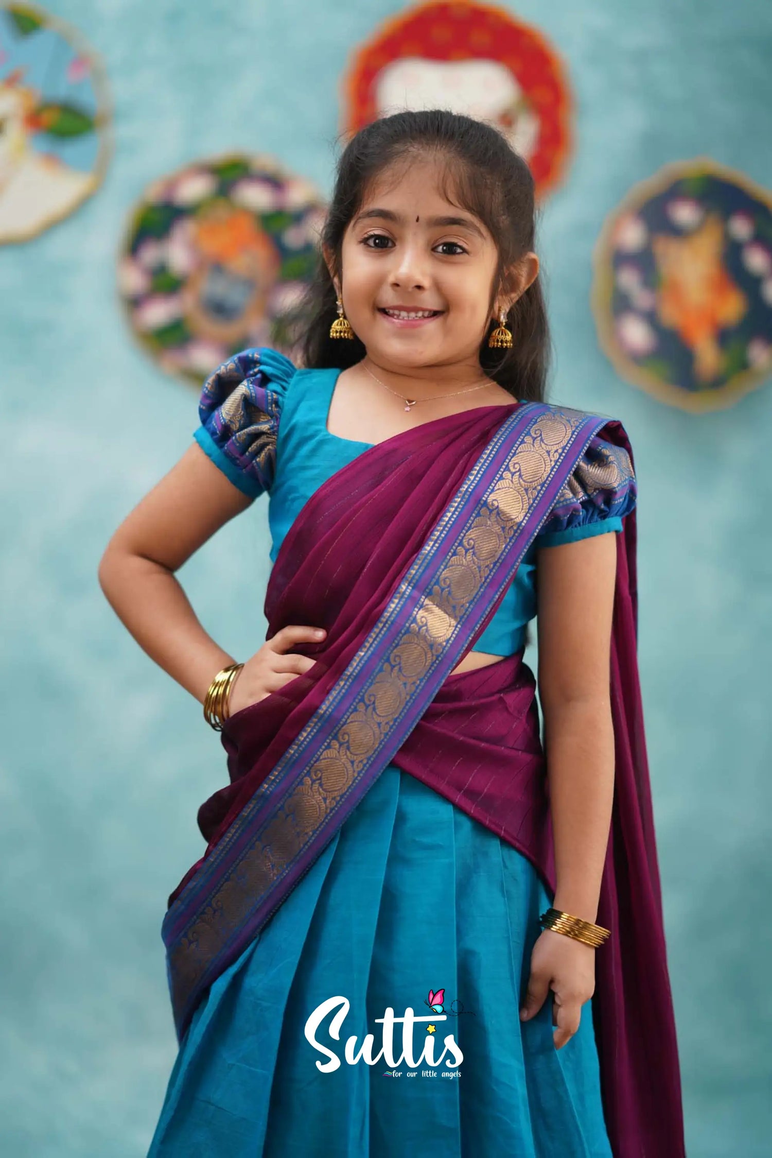 Kumaari - Light Blue And Magenta Pink Cotton Halfsaree Kids-Suttis