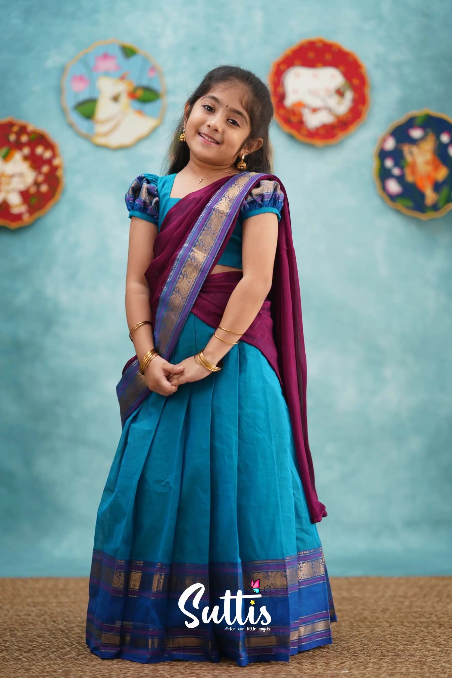 Kumaari - Light Blue And Magenta Pink Cotton Halfsaree Kids-Suttis