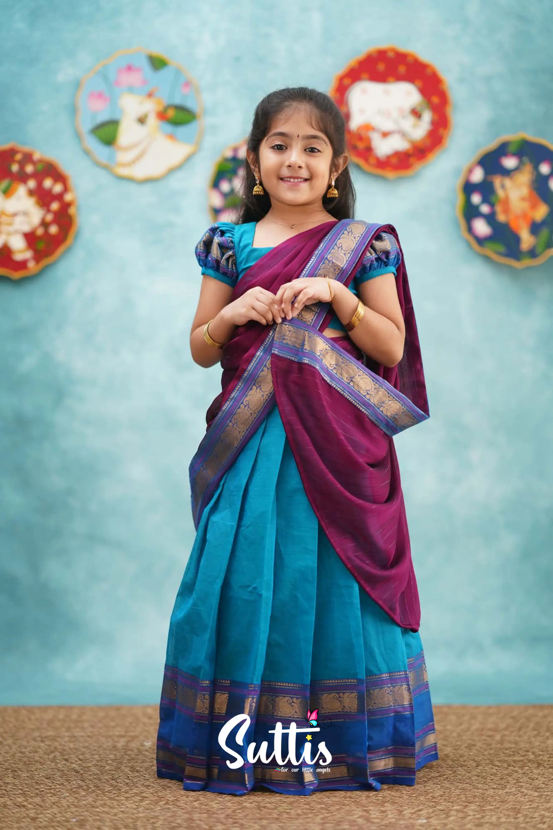 Kumaari - Light Blue And Magenta Pink Cotton Halfsaree Kids-Suttis