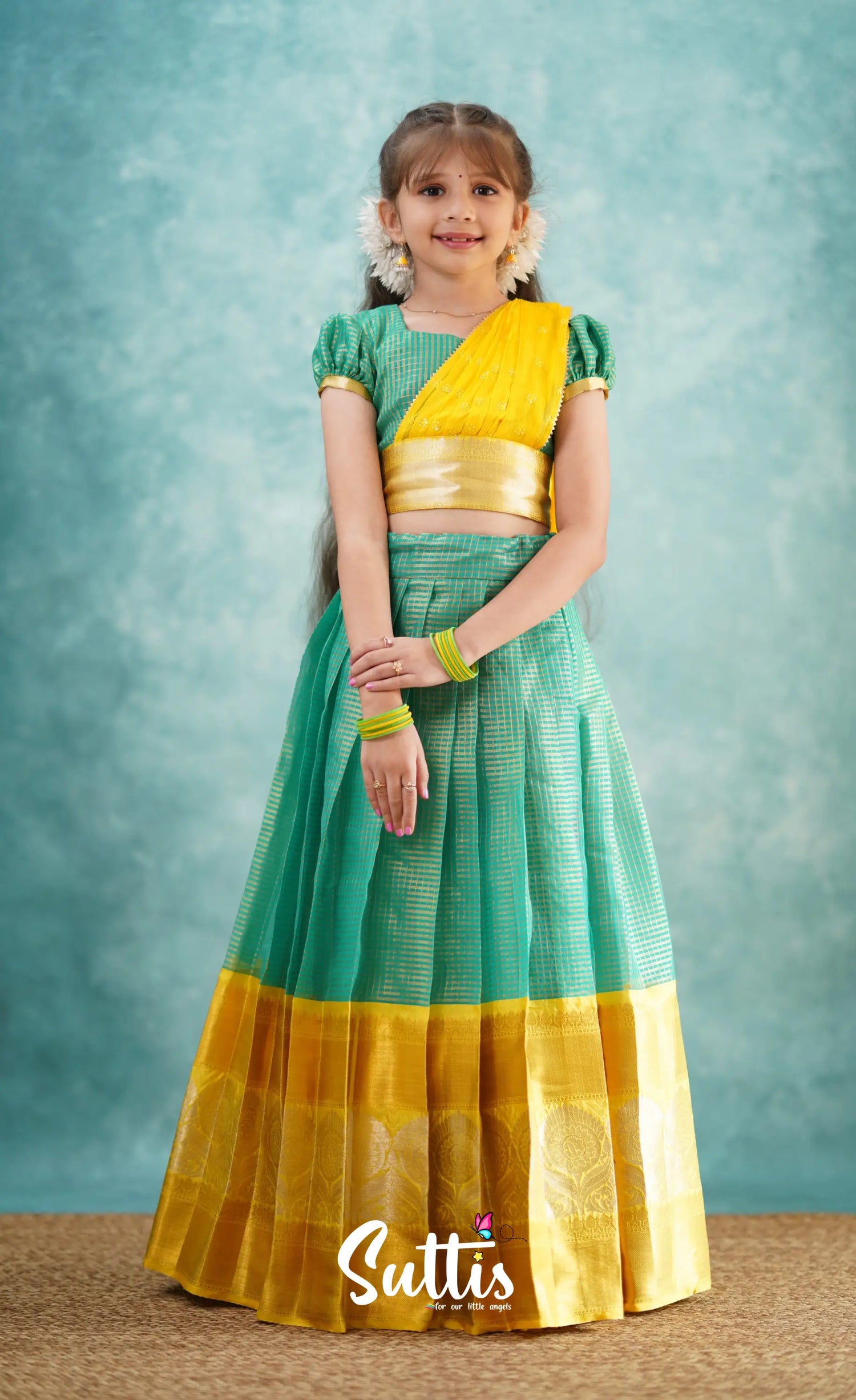 Light Blue Shade And Yellow Tone Organza Halfsaree Kids-Suttis