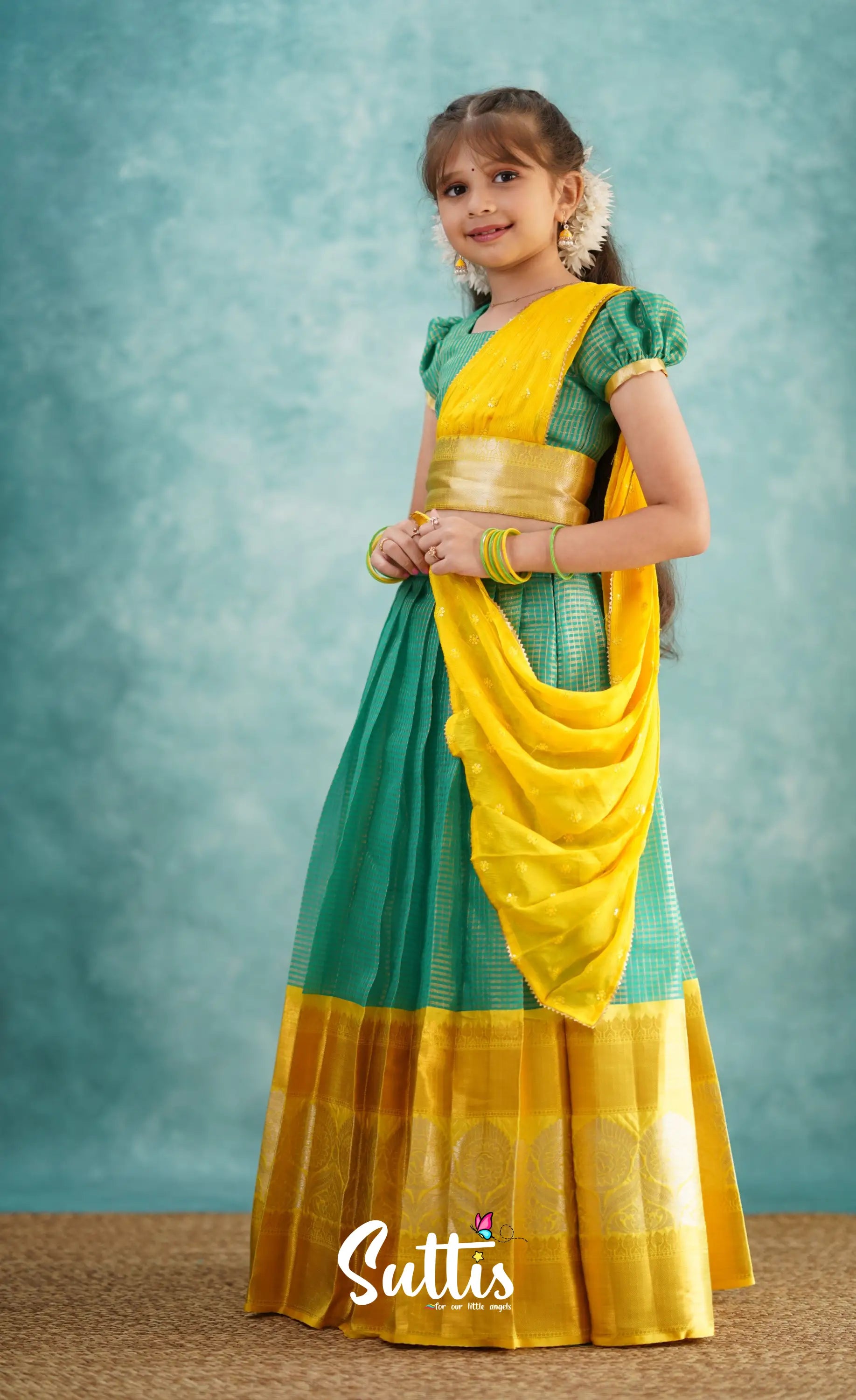 Light Blue Shade And Yellow Tone Organza Halfsaree Kids-Suttis