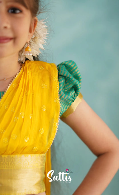 Light Blue Shade And Yellow Tone Organza Halfsaree Kids-Suttis