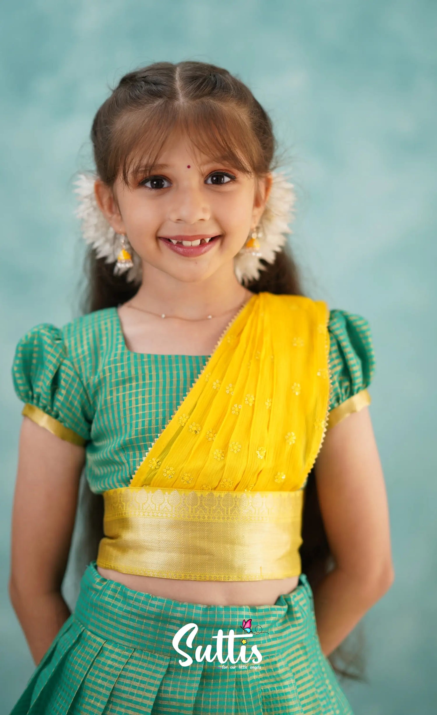 Light Blue Shade And Yellow Tone Organza Halfsaree Kids-Suttis