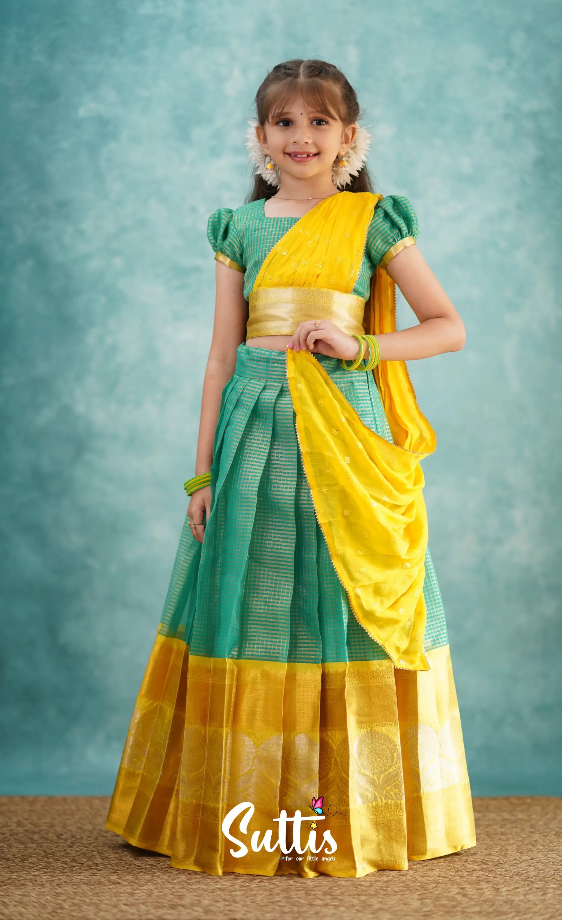 Light Blue Shade And Yellow Tone Organza Halfsaree Kids-Suttis