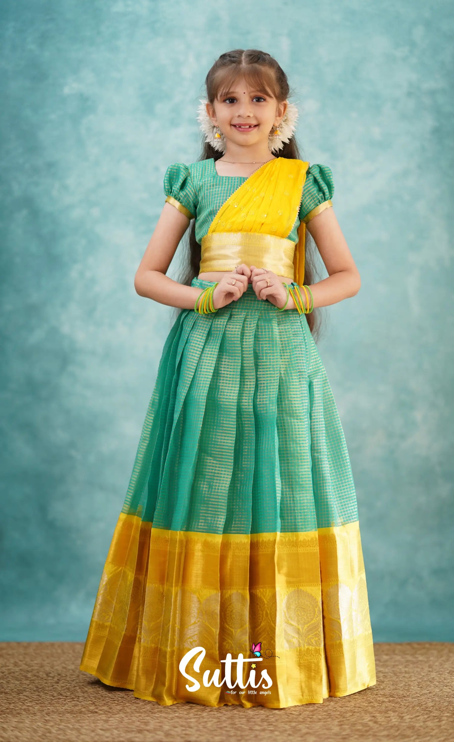 Light Blue Shade And Yellow Tone Organza Halfsaree Kids-Suttis