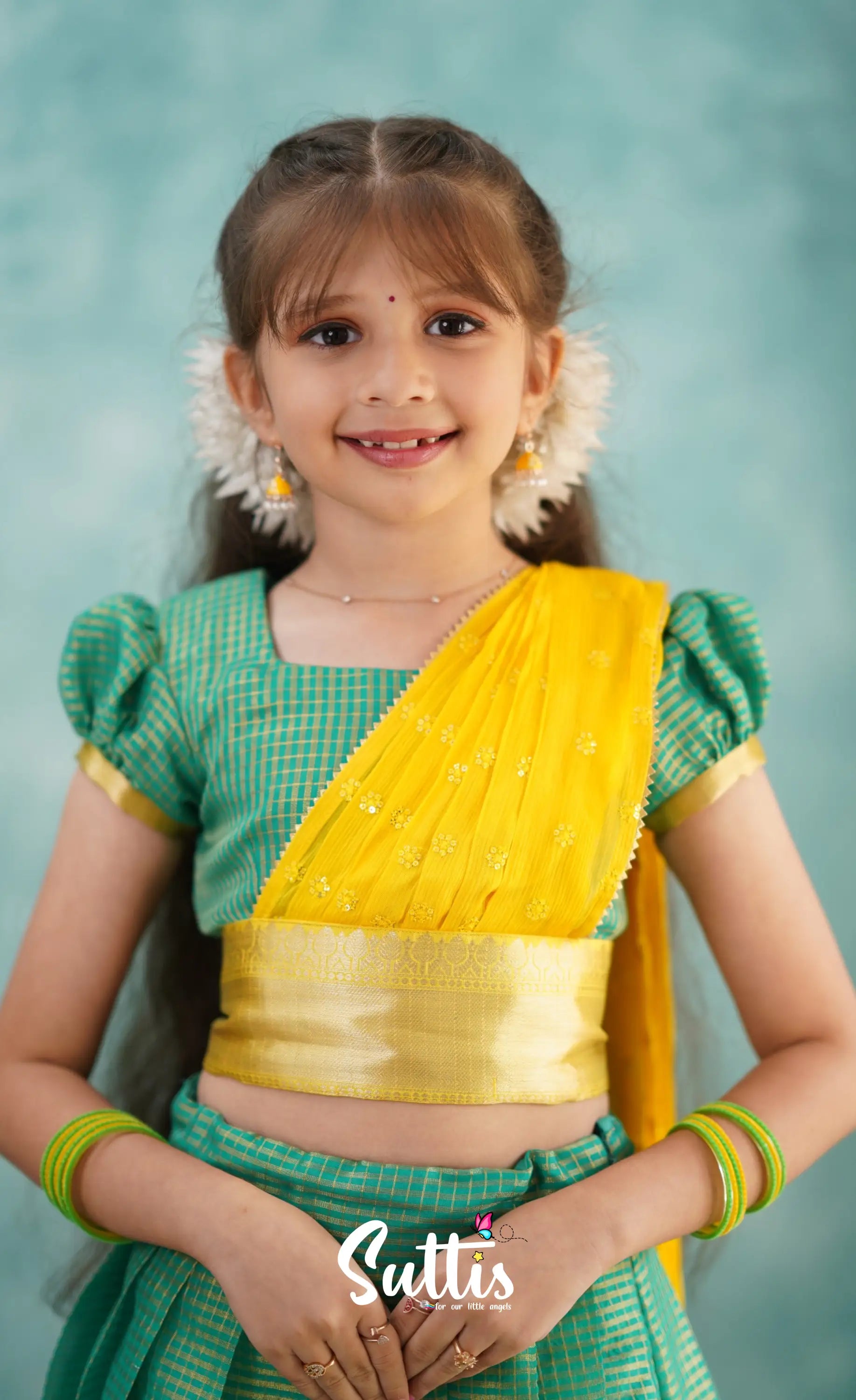 Light Blue Shade And Yellow Tone Organza Halfsaree Kids-Suttis