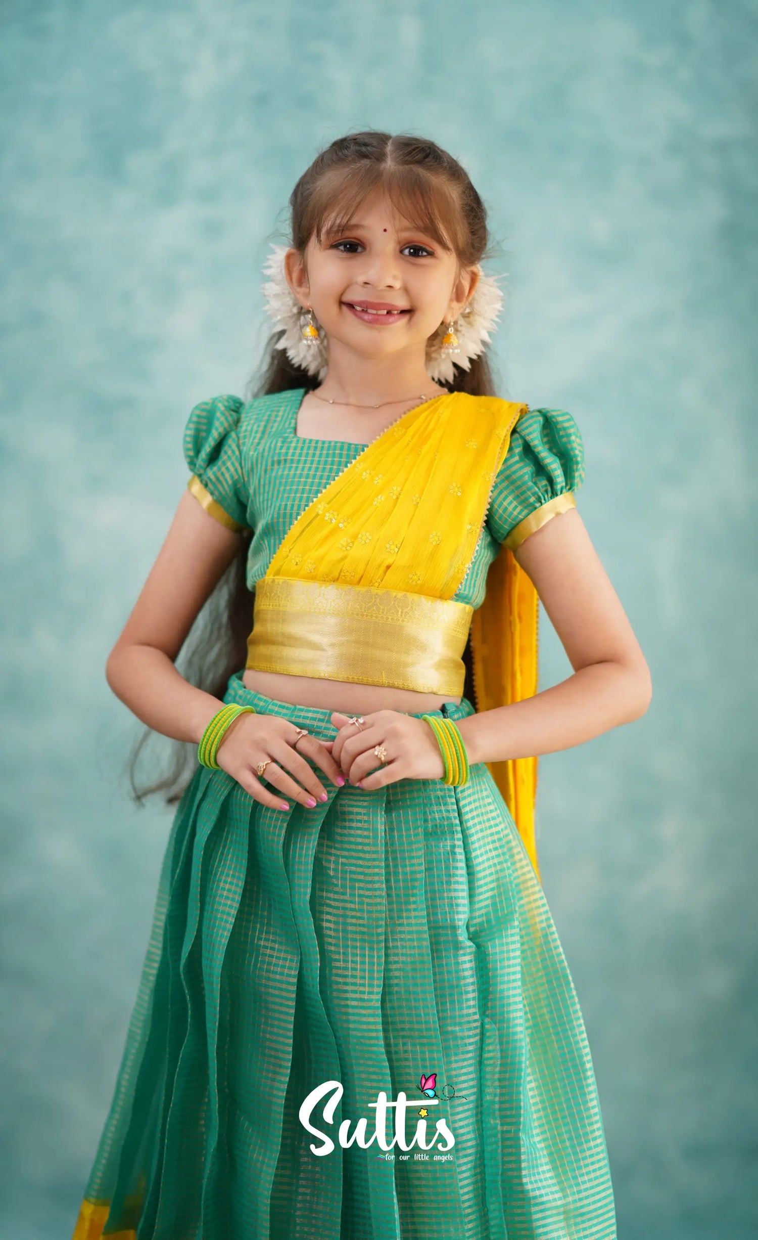 Light Blue Shade And Yellow Tone Organza Halfsaree Kids-Suttis