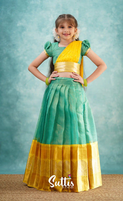 Light Blue Shade And Yellow Tone Organza Halfsaree Kids-Suttis