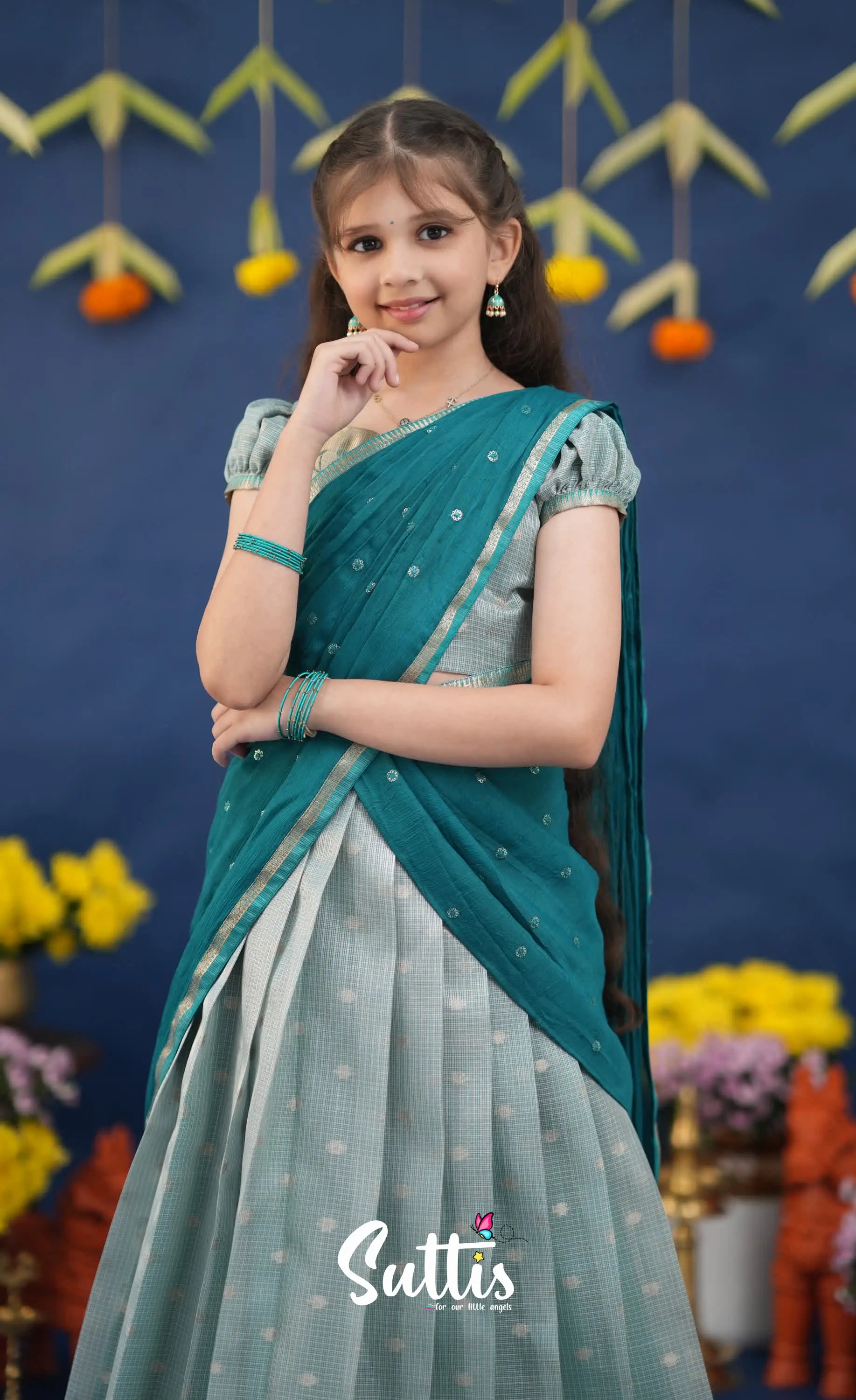 Kumaari Light Teal and dark Turquoise Kota Halfsaree Kids-Suttis