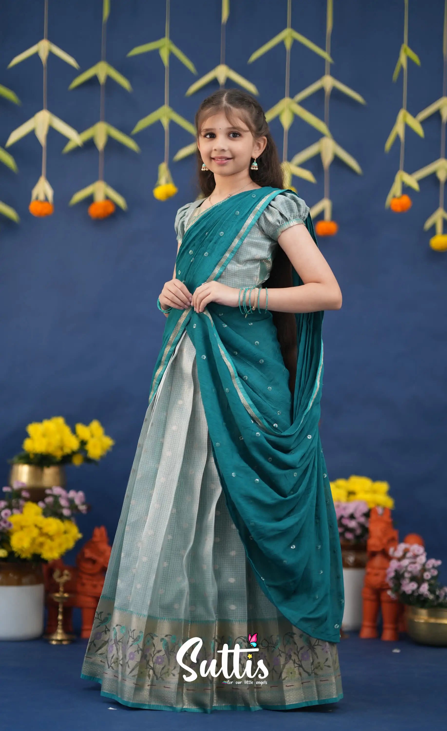 Kumaari Light Teal and dark Turquoise Kota Halfsaree Kids-Suttis