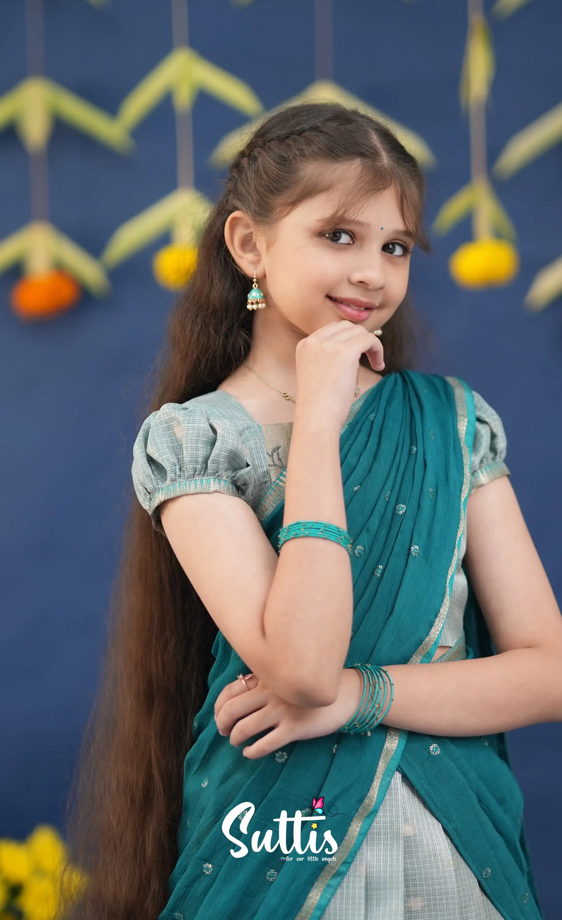 Kumaari Light Teal and dark Turquoise Kota Halfsaree Kids-Suttis