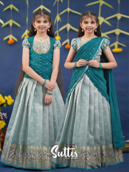 Kumaari Light Teal and dark Turquoise Kota Halfsaree Kids-Suttis