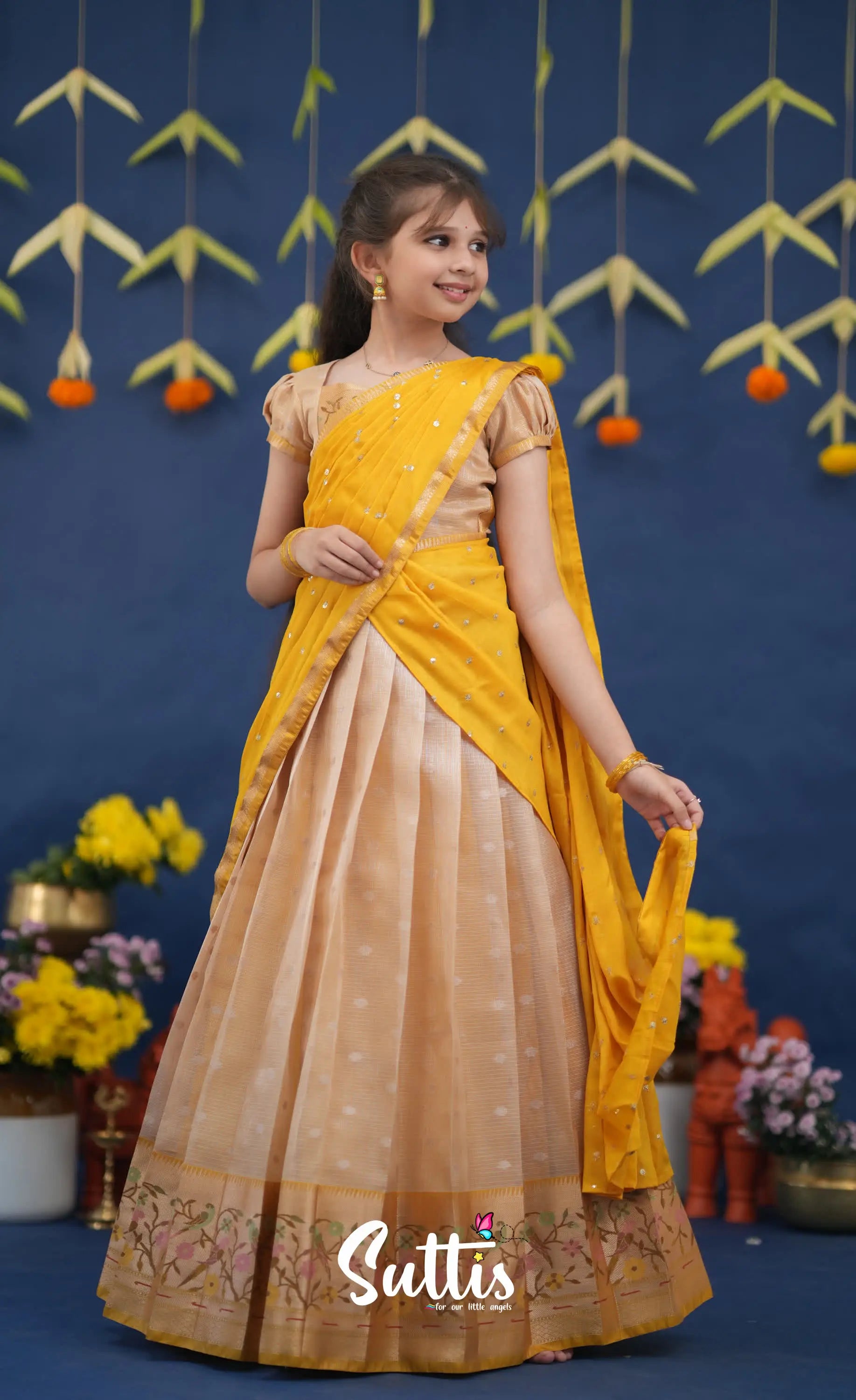 Kumaari Light Yellow and Yellow Paithani Kota Halfsaree Kids-Suttis