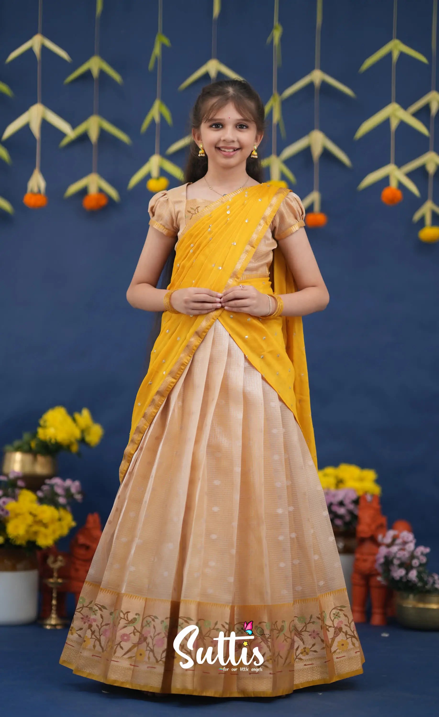 Kumaari Light Yellow and Yellow Paithani Kota Halfsaree Kids-Suttis