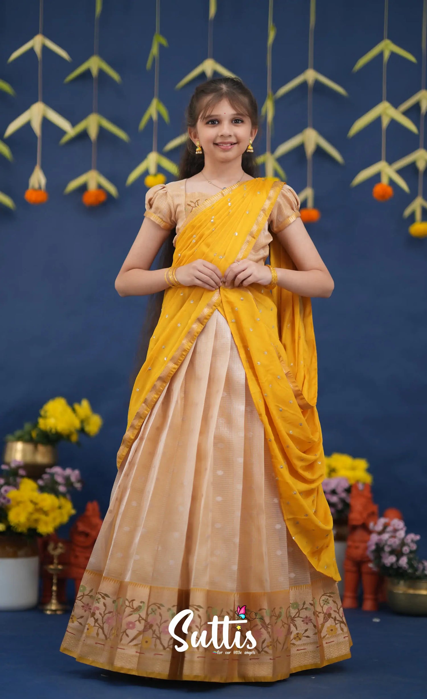 Kumaari Light Yellow and Yellow Paithani Kota Halfsaree Kids-Suttis